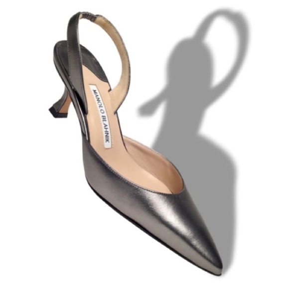 Manolo Blahnik Carolyne 70mm Silver Leather Slingback Pumps  Heels Size 39 - Picture 11 of 12